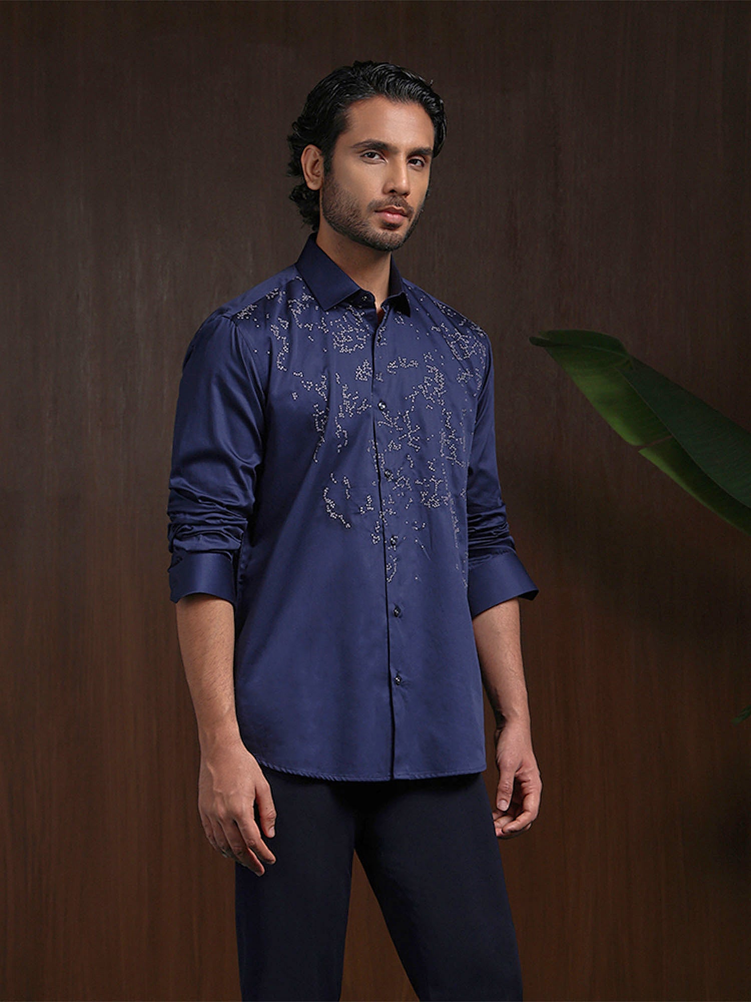 Navy Blue Slim Fit Cotton Shirt with Intricate Embroidery