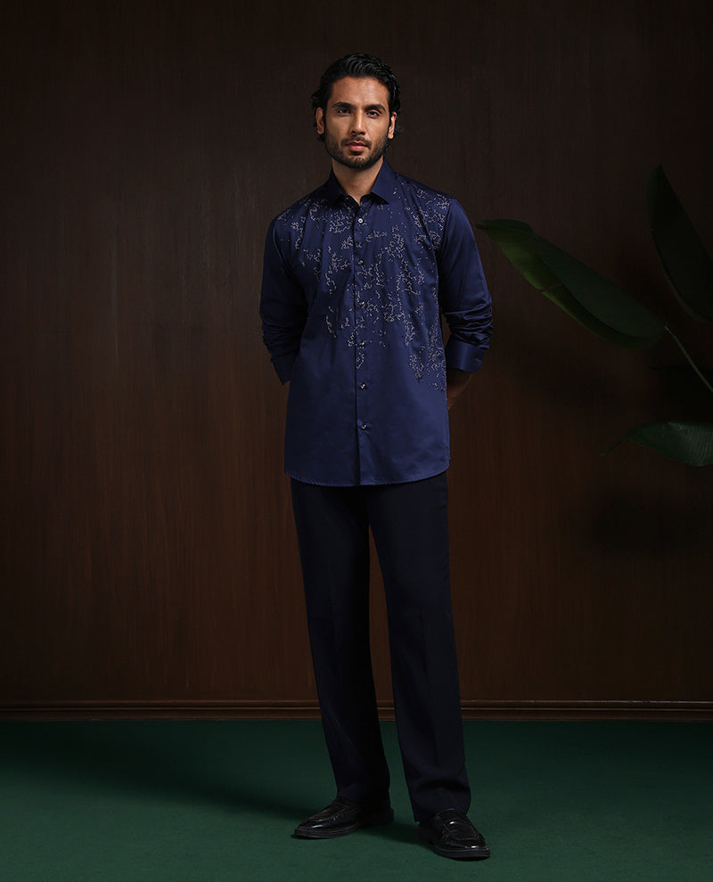 Navy Blue Slim Fit Cotton Shirt with Intricate Embroidery