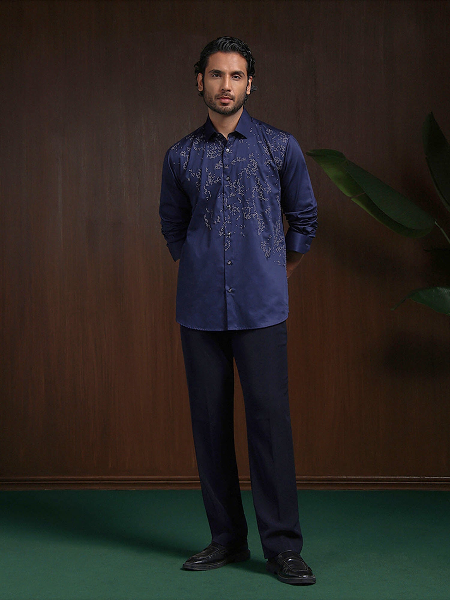Navy Blue Slim Fit Cotton Shirt with Intricate Embroidery