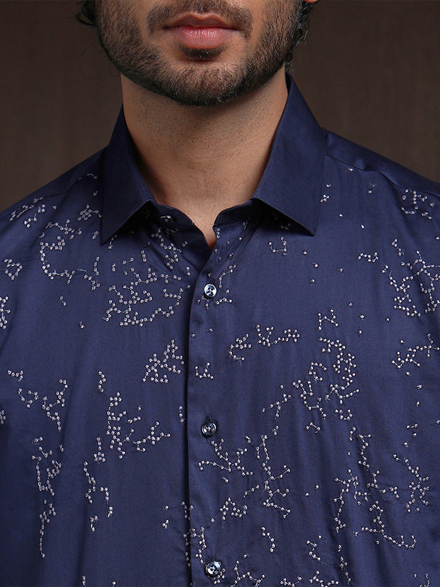 Navy Blue Slim Fit Cotton Shirt with Intricate Embroidery