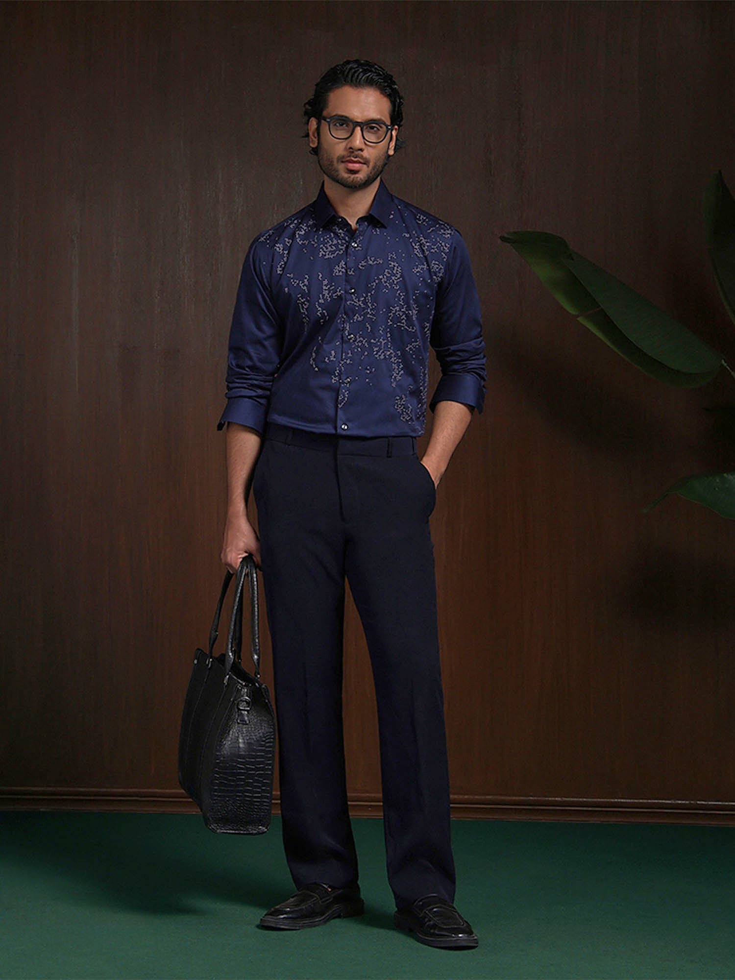 Navy Blue Slim Fit Cotton Shirt with Intricate Embroidery