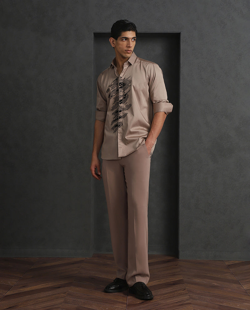Dark Fawn Slim Fit Cotton Shirt with Subtle Embroidery
