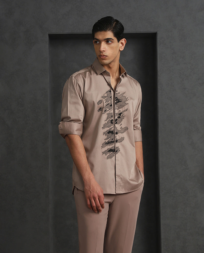 Dark Fawn Slim Fit Cotton Shirt with Subtle Embroidery