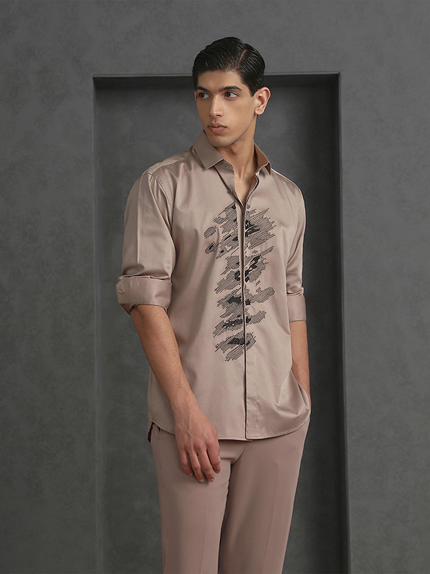Dark Fawn Slim Fit Cotton Shirt with Subtle Embroidery