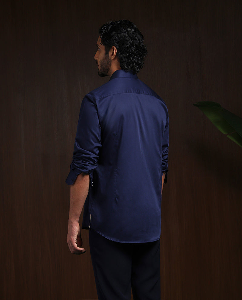 Navy Blue Slim Fit Cotton Shirt with Elegant Embroidery