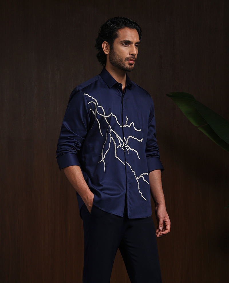 Navy Blue Slim Fit Cotton Shirt with Elegant Embroidery