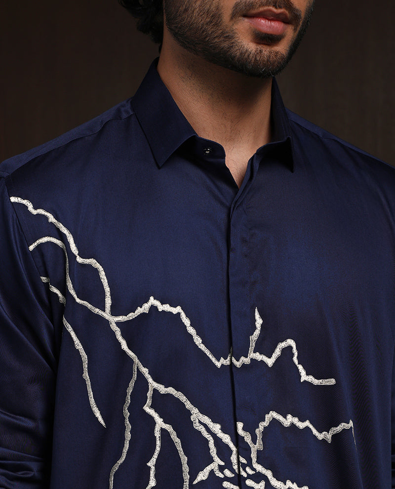 Navy Blue Slim Fit Cotton Shirt with Elegant Embroidery