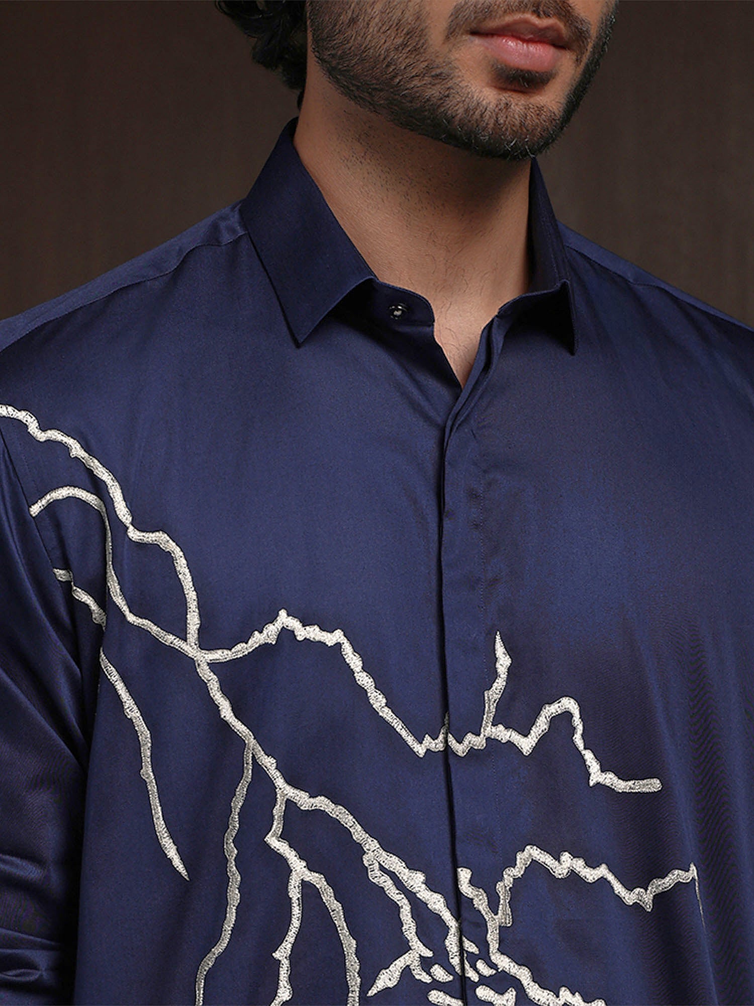 Navy Blue Slim Fit Cotton Shirt with Elegant Embroidery