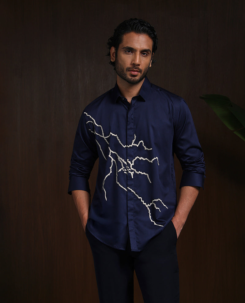Navy Blue Slim Fit Cotton Shirt with Elegant Embroidery
