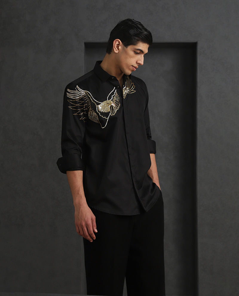 Black Slim Fit Cotton Shirt with Sophisticated Embroidery Detailing
