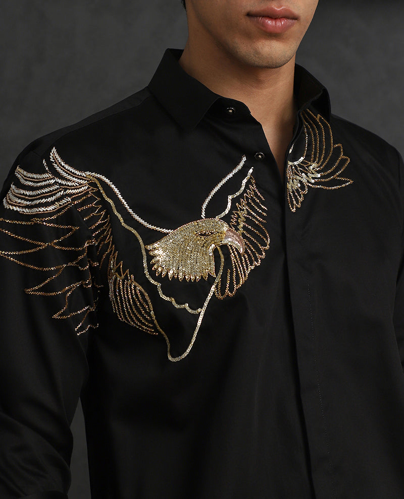 Black Slim Fit Cotton Shirt with Sophisticated Embroidery Detailing