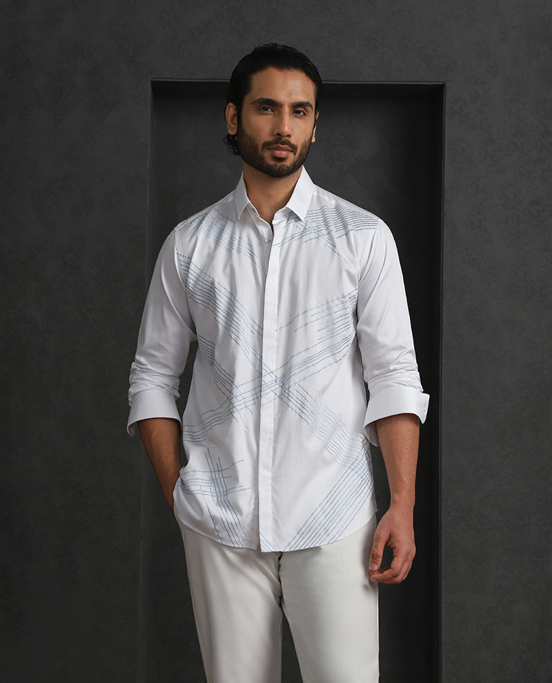 White Slim Fit Cotton Shirt with Refined Embroidery