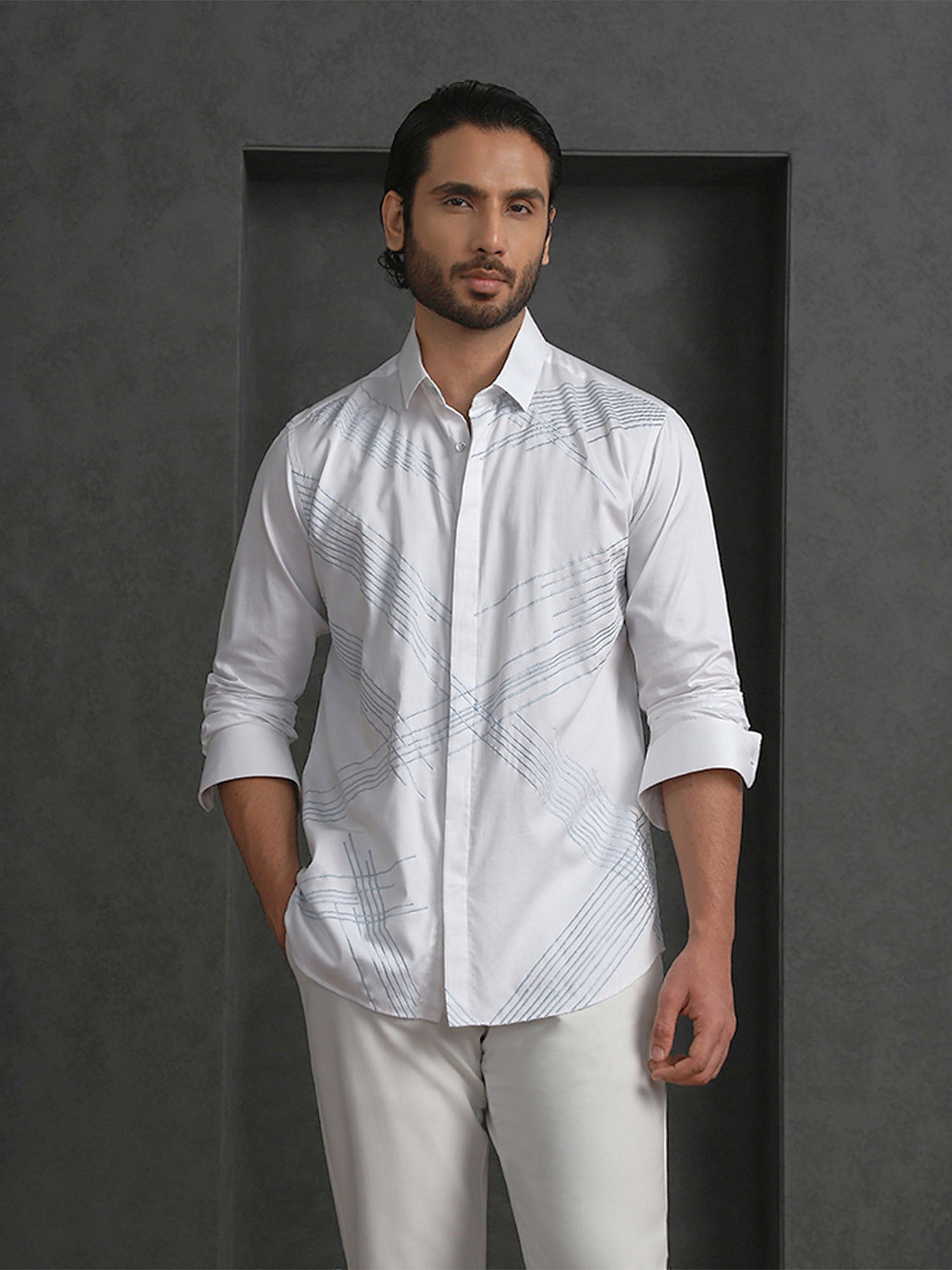 White Slim Fit Cotton Shirt with Refined Embroidery