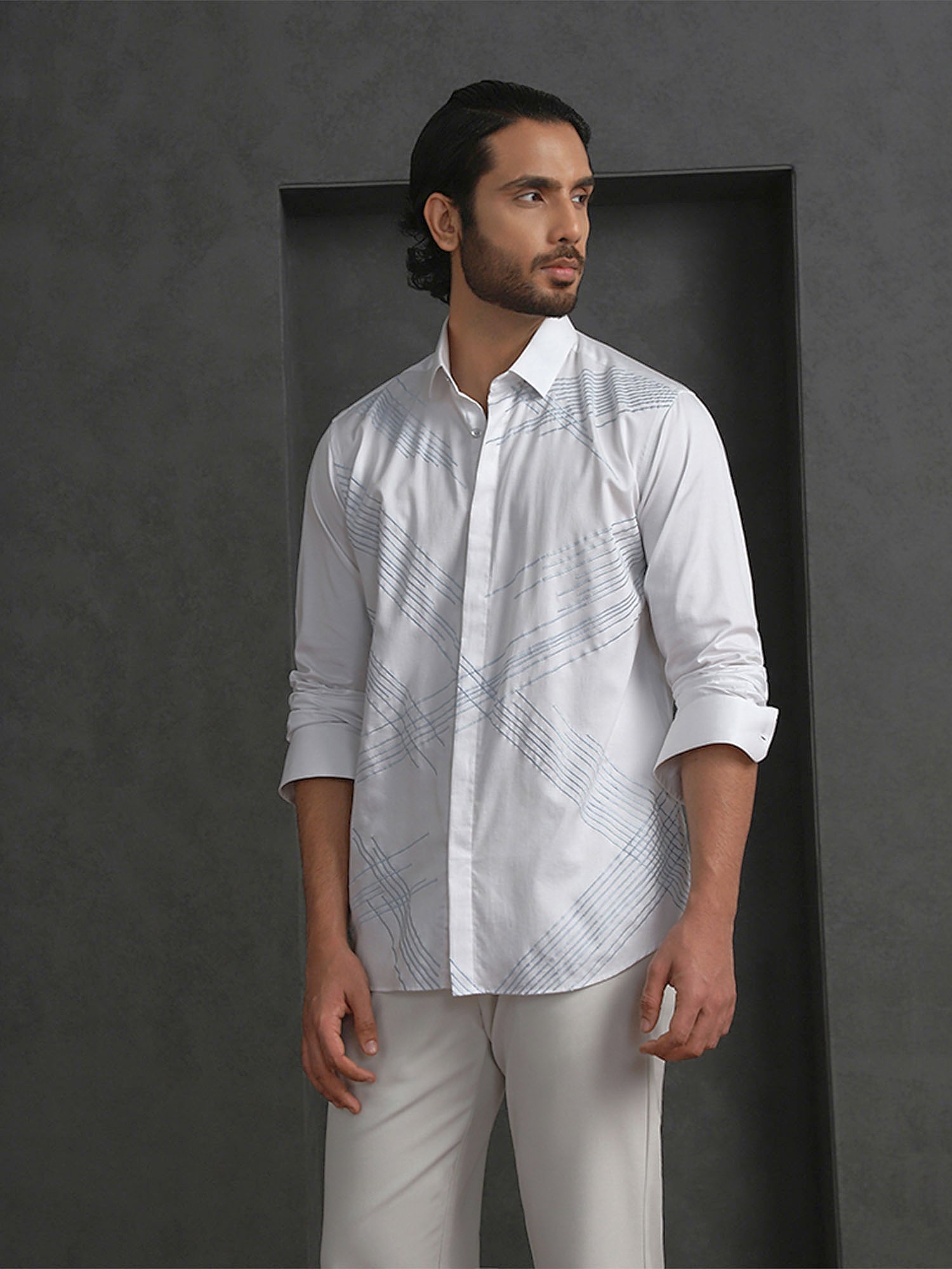 White Slim Fit Cotton Shirt with Refined Embroidery