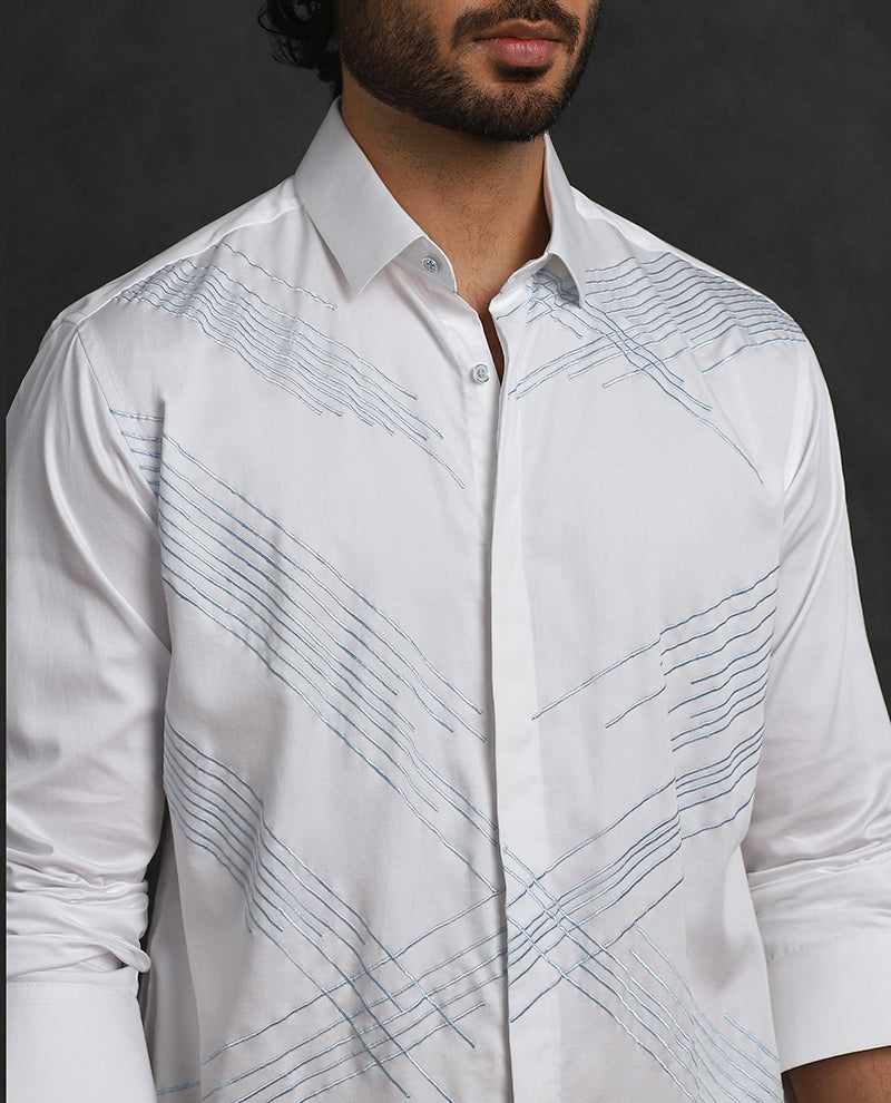 White Slim Fit Cotton Shirt with Refined Embroidery