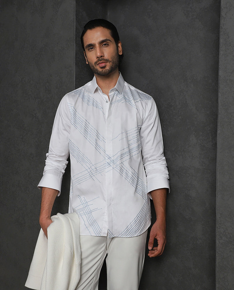 White Slim Fit Cotton Shirt with Refined Embroidery
