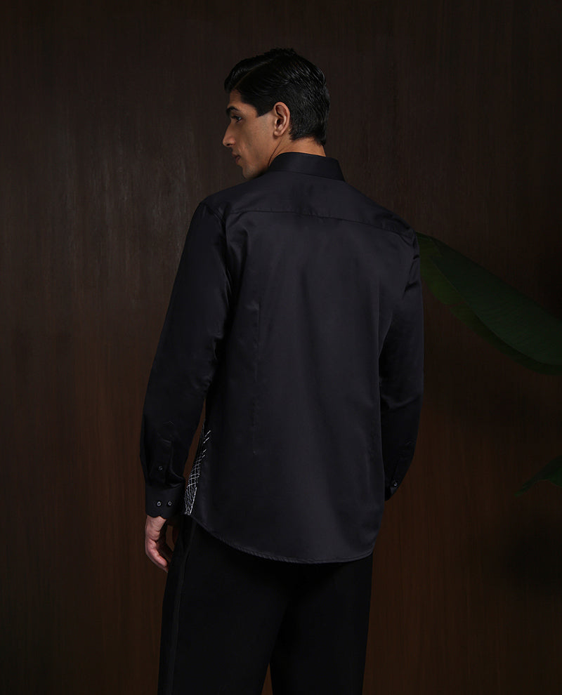 Black Slim Fit Cotton Shirt with Intricate Embroidery Accents