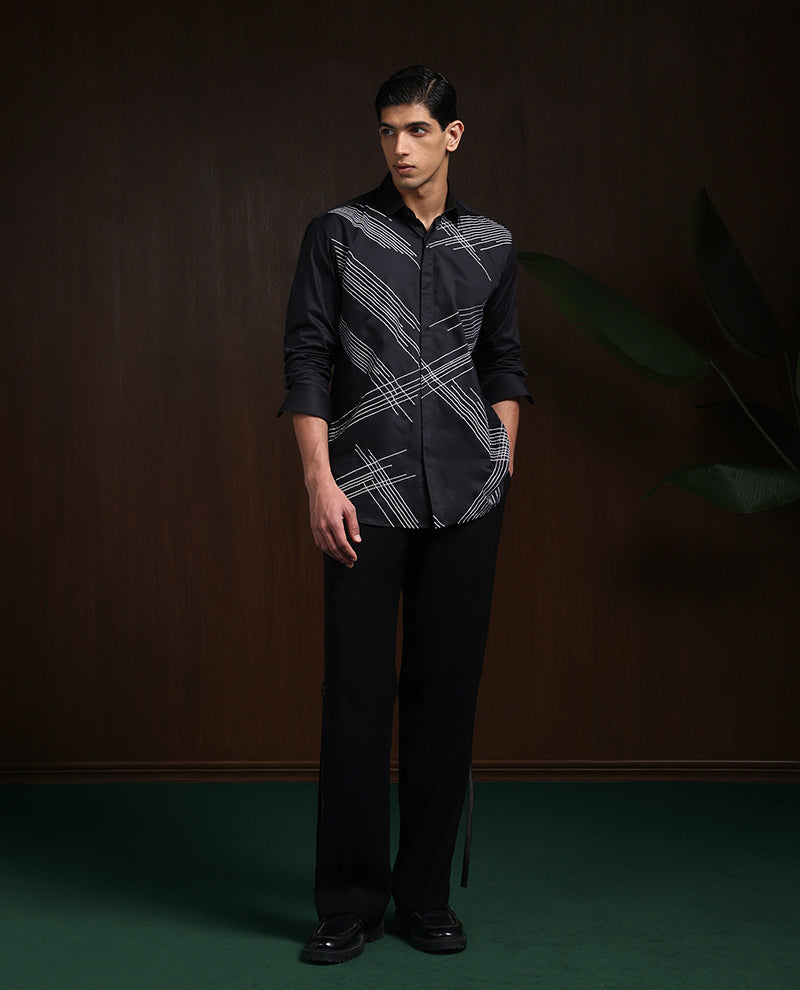 Black Slim Fit Cotton Shirt with Intricate Embroidery Accents