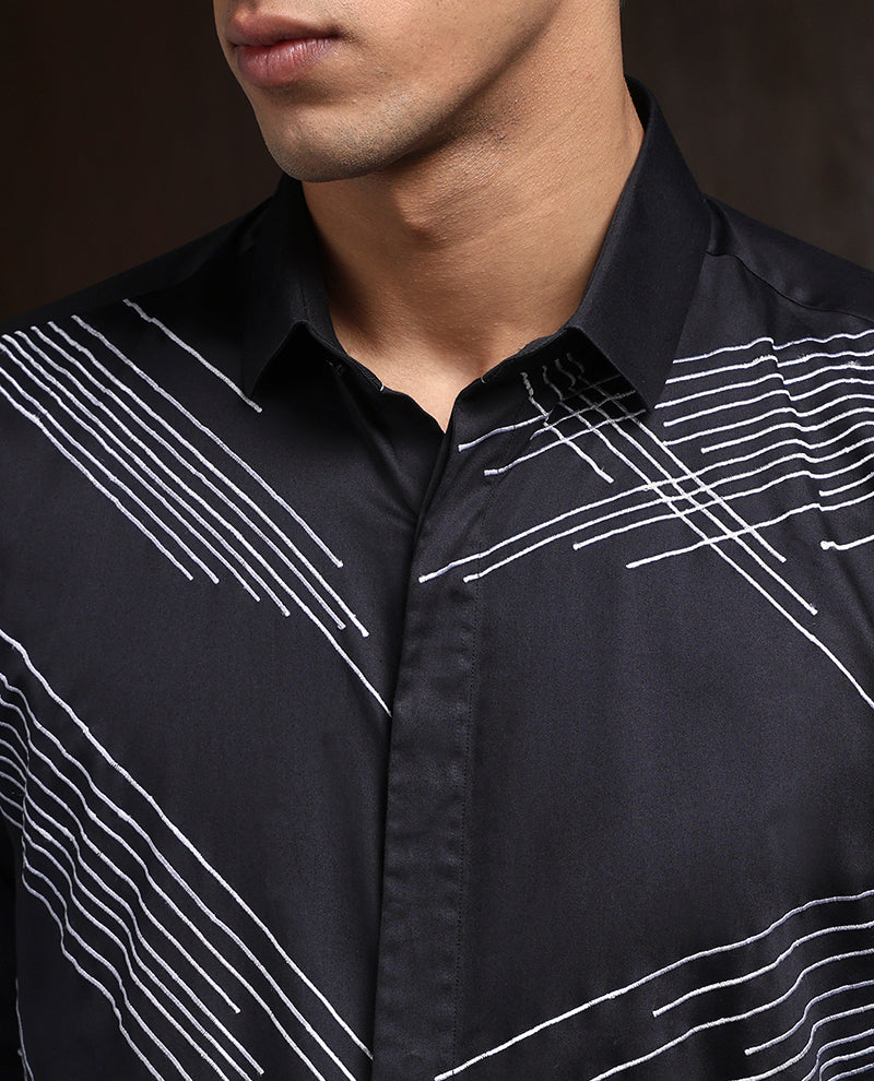 Black Slim Fit Cotton Shirt with Intricate Embroidery Accents