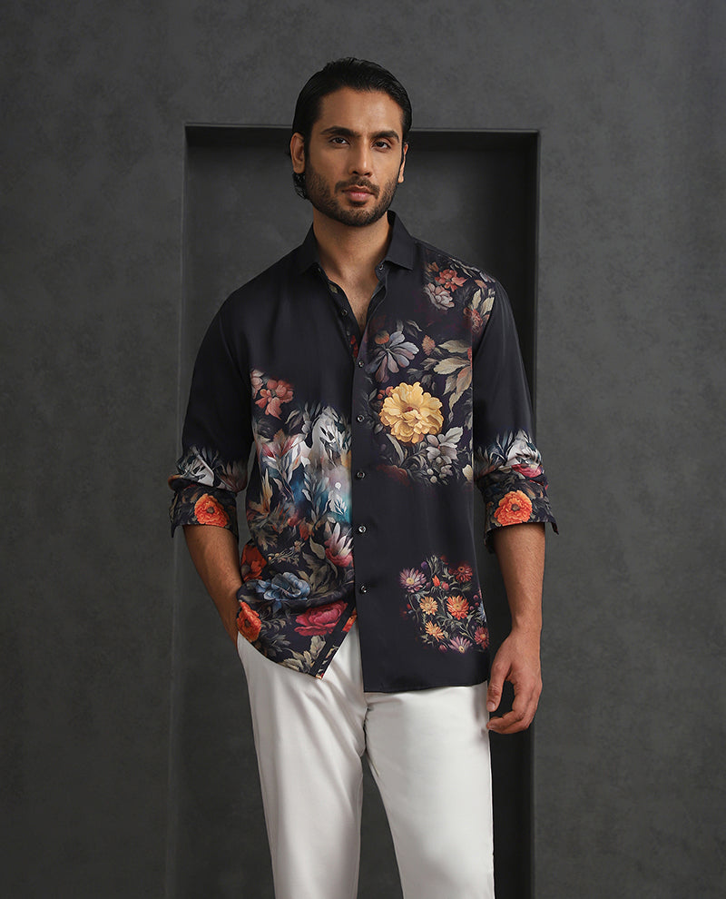 Multi Black Slim Fit Tencel Shirt with Artistic Print Design