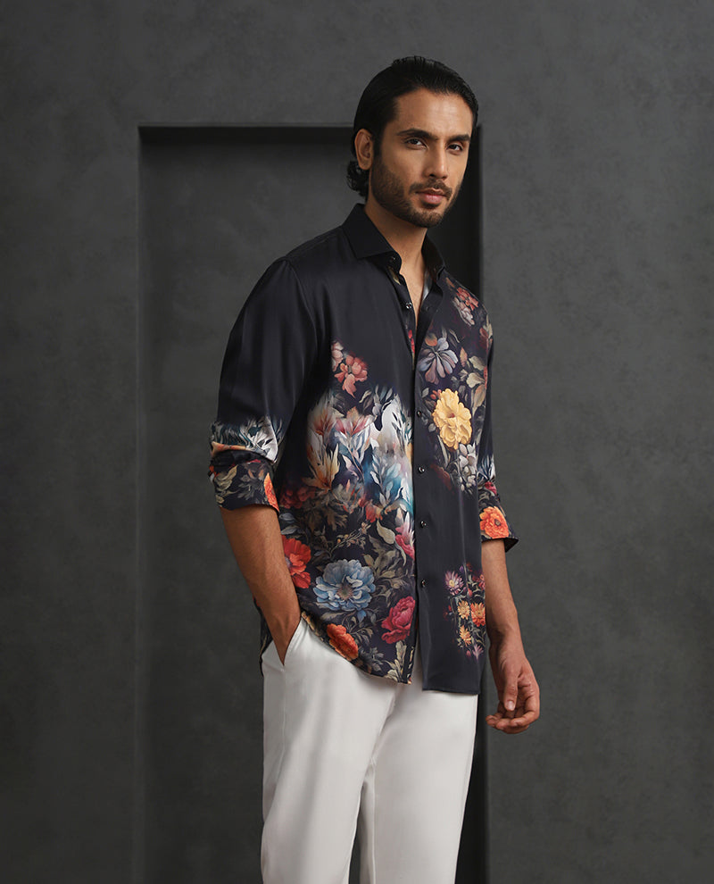 Multi Black Slim Fit Tencel Shirt with Artistic Print Design
