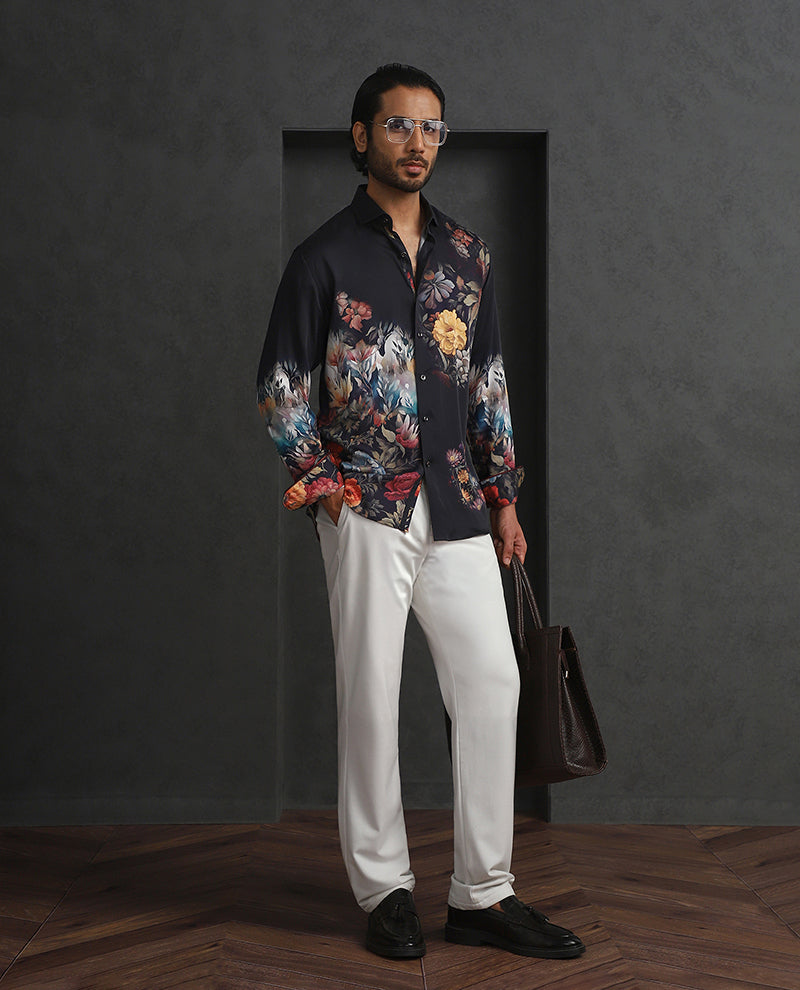 Multi Black Slim Fit Tencel Shirt with Artistic Print Design