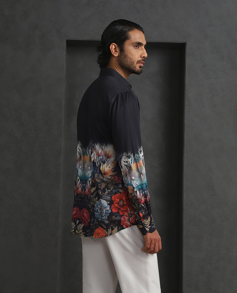 Multi Black Slim Fit Tencel Shirt with Artistic Print Design
