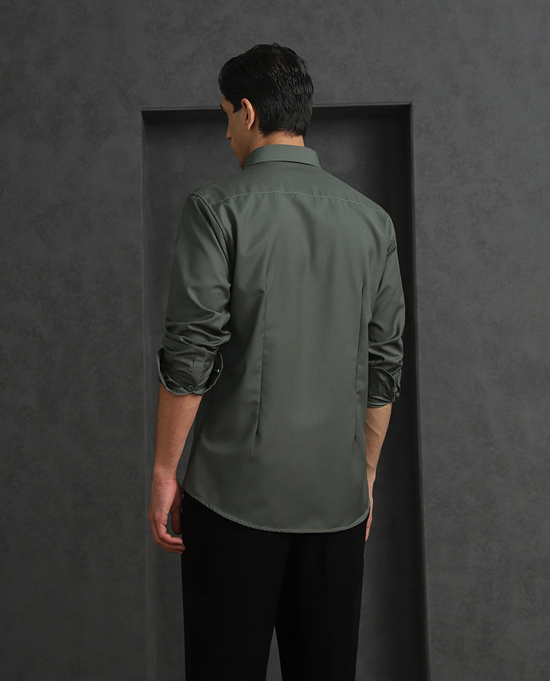 Olive Slim Fit Terry Rayon Shirt with Sophisticated Embroidery