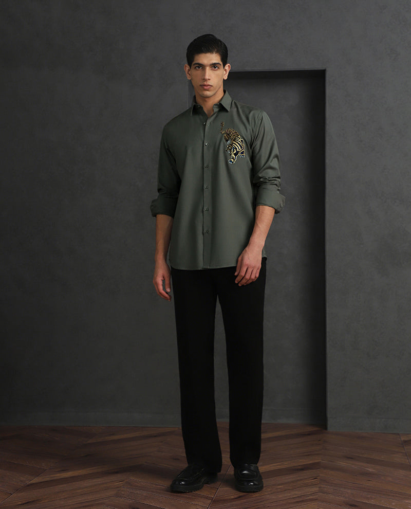 Olive Slim Fit Terry Rayon Shirt with Sophisticated Embroidery