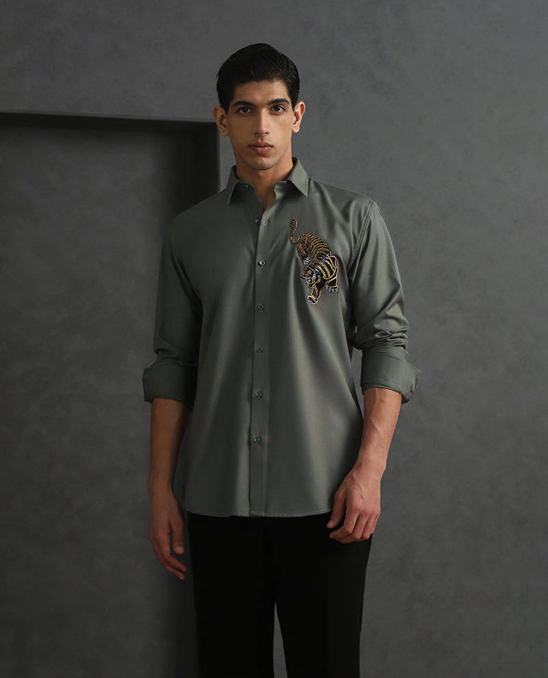 Olive Slim Fit Terry Rayon Shirt with Sophisticated Embroidery