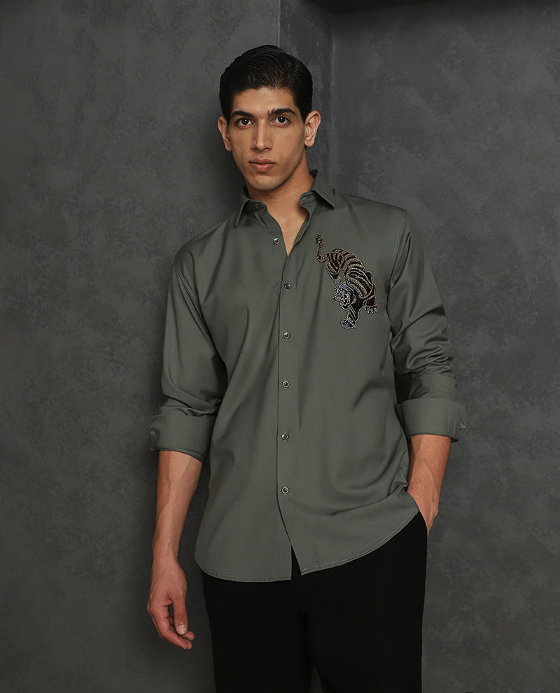 Olive Slim Fit Terry Rayon Shirt with Sophisticated Embroidery