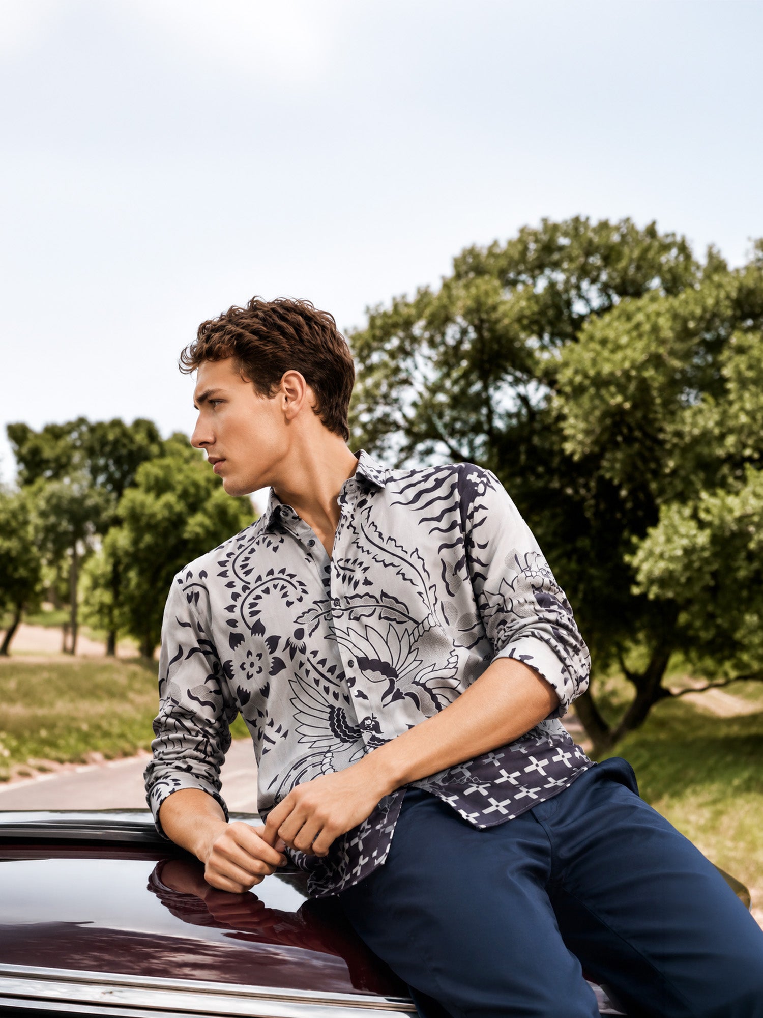 Grey Black Slim Fit Tencel Shirt with Striking Print
