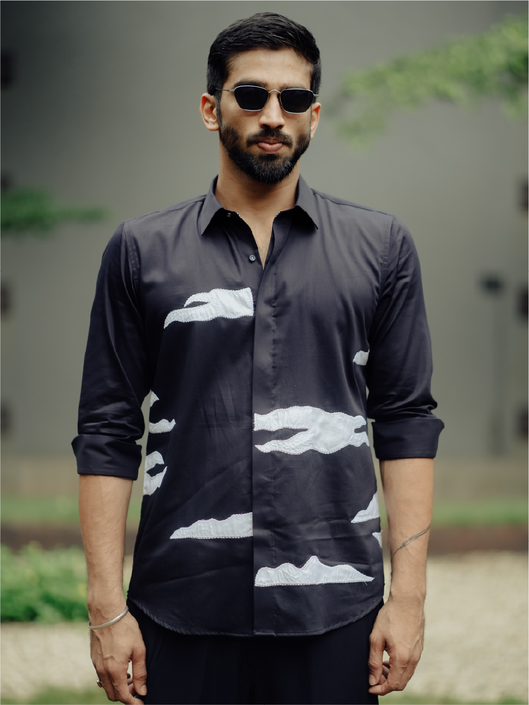 Navy Blue Abstract Embroidered Slim Fit Cotton Full Sleeve Shirt