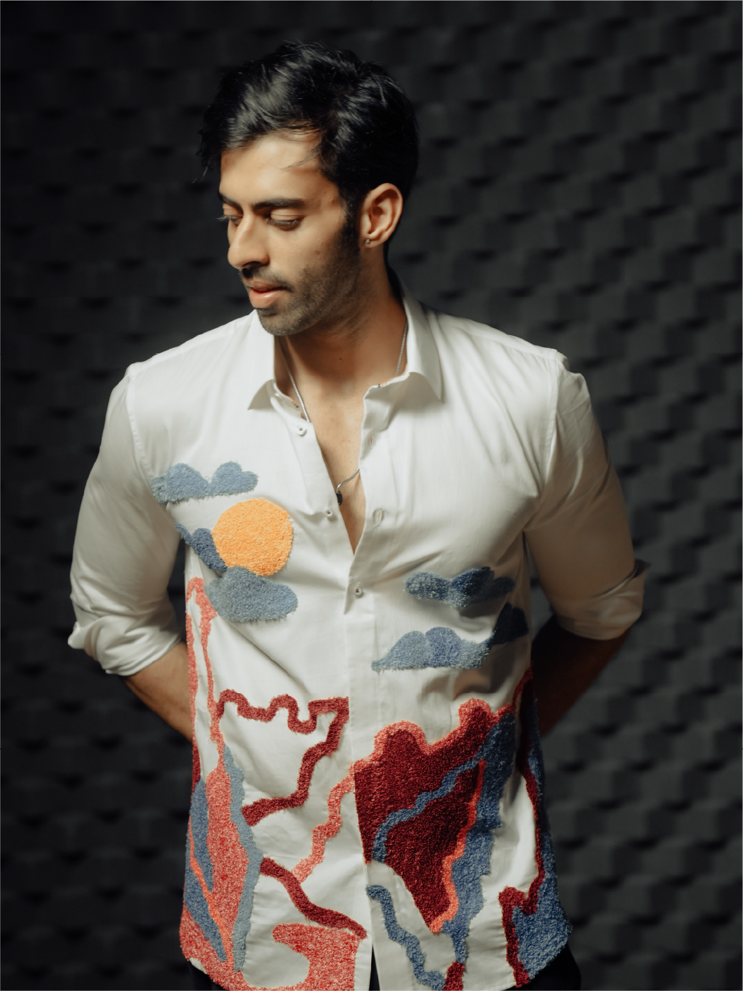 White Sunset Landscape Embroidered Slim Fit Cotton Full Sleeve Shirt