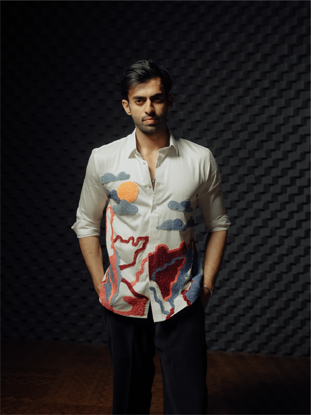 White Sunset Landscape Embroidered Slim Fit Cotton Full Sleeve Shirt
