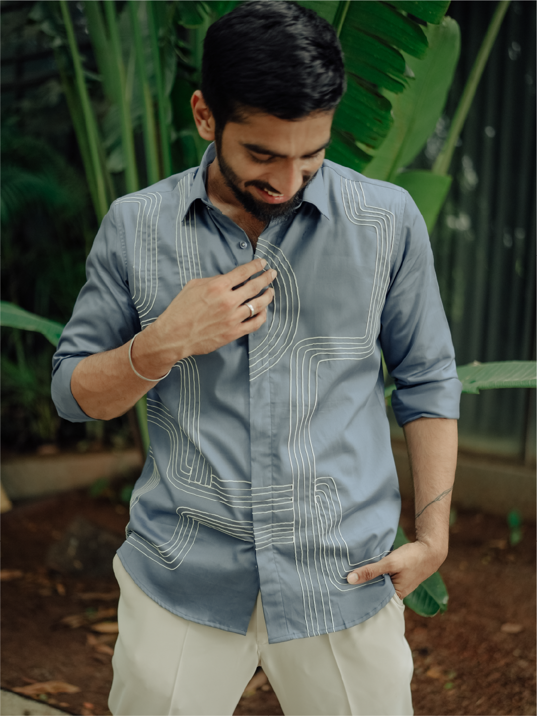 Cobal Blue Geometric Embroidered Slim Fit Cotton Full Sleeve Shirt