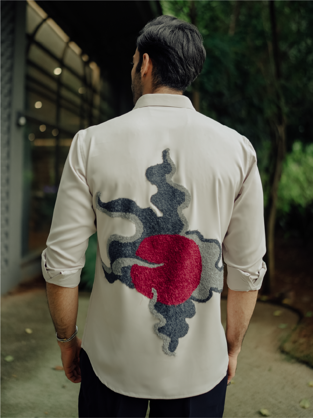 Beige Cloud Embroidered Slim Fit Polyester Full Sleeve Shirt