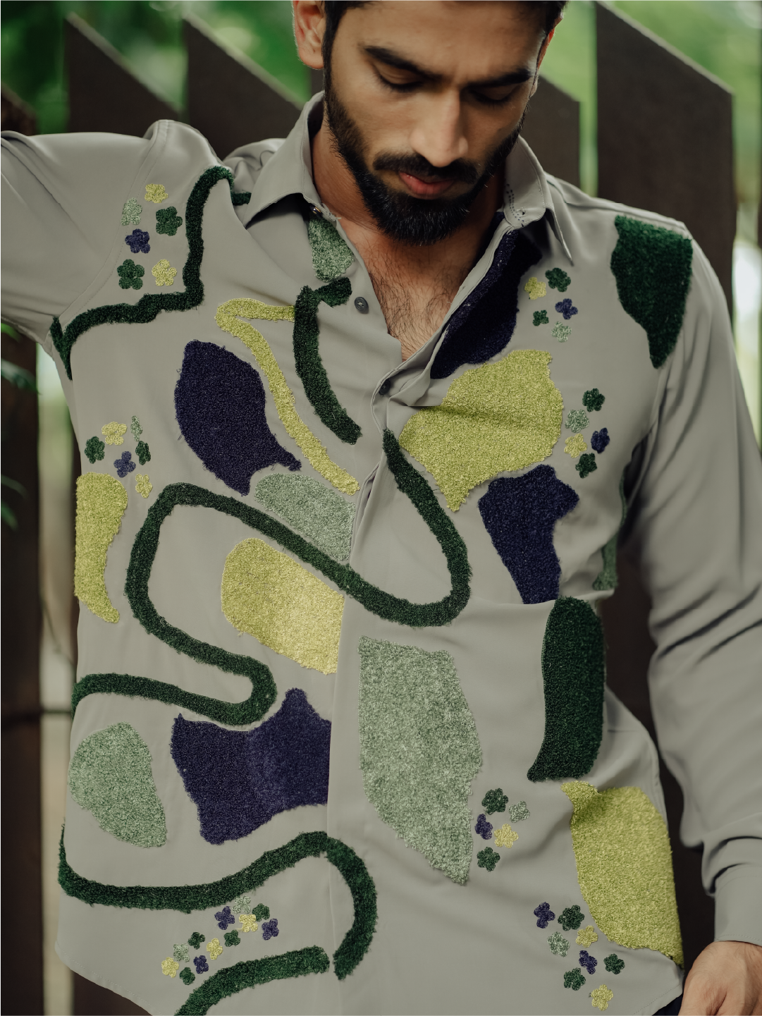 Dark Olive Abstract Embroidered Slim Fit Polyester Full Sleeve Shirt