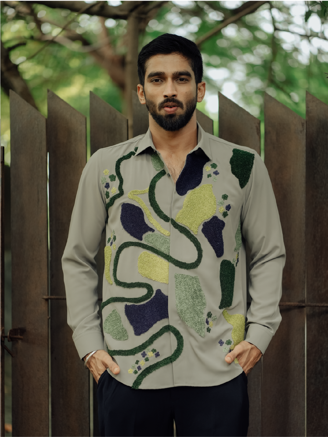 Dark Olive Abstract Embroidered Slim Fit Polyester Full Sleeve Shirt