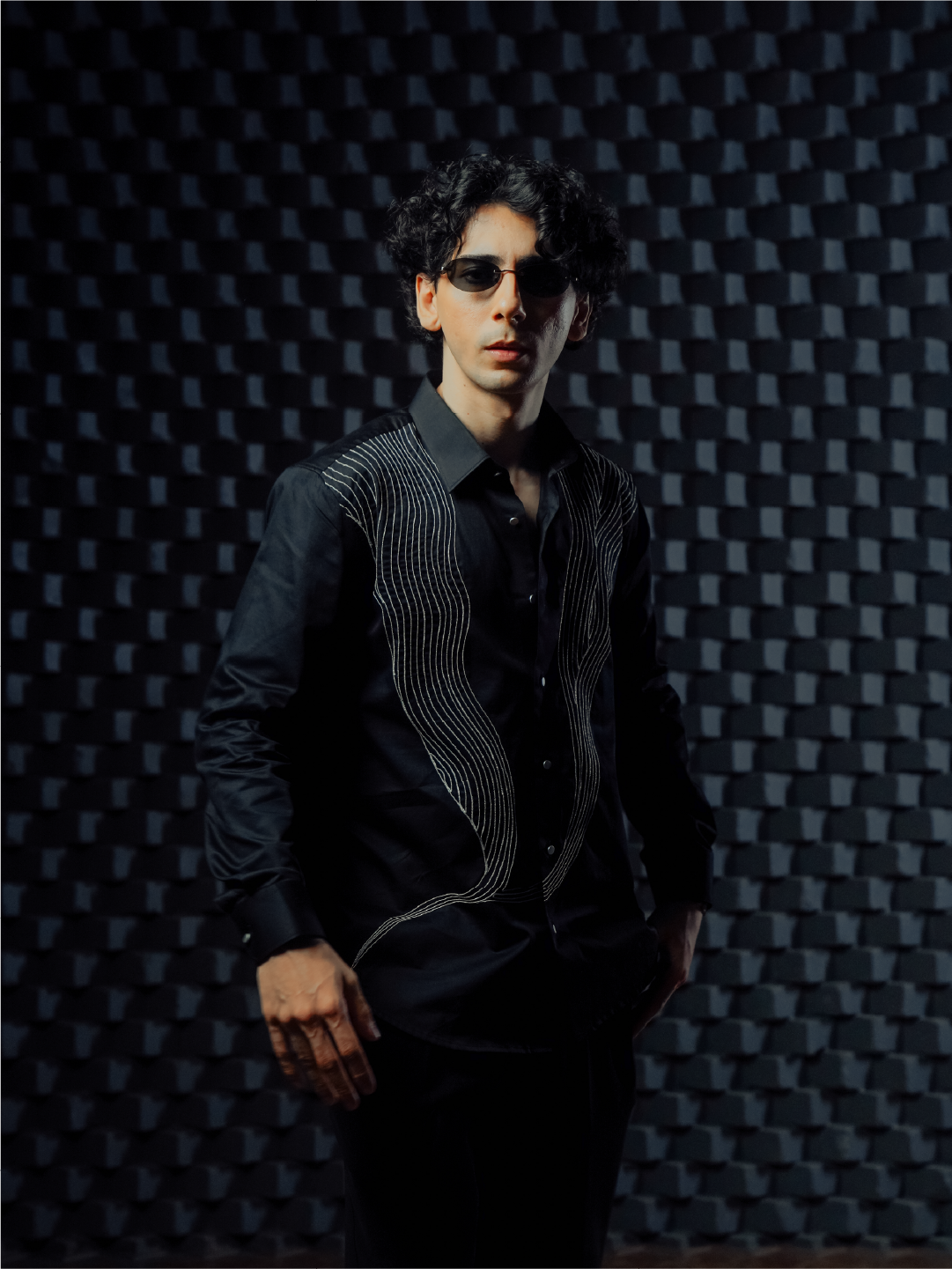 Black Wavy Line Embroidered Slim Fit Cotton Full Sleeve Shirt