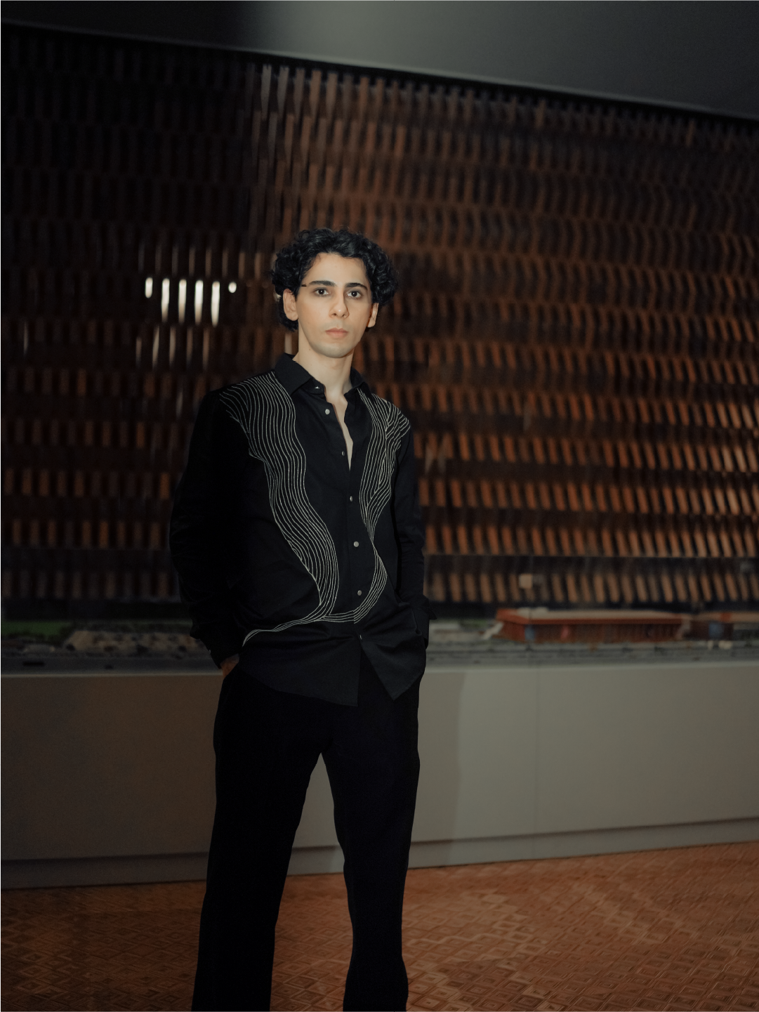 Black Wavy Line Embroidered Slim Fit Cotton Full Sleeve Shirt