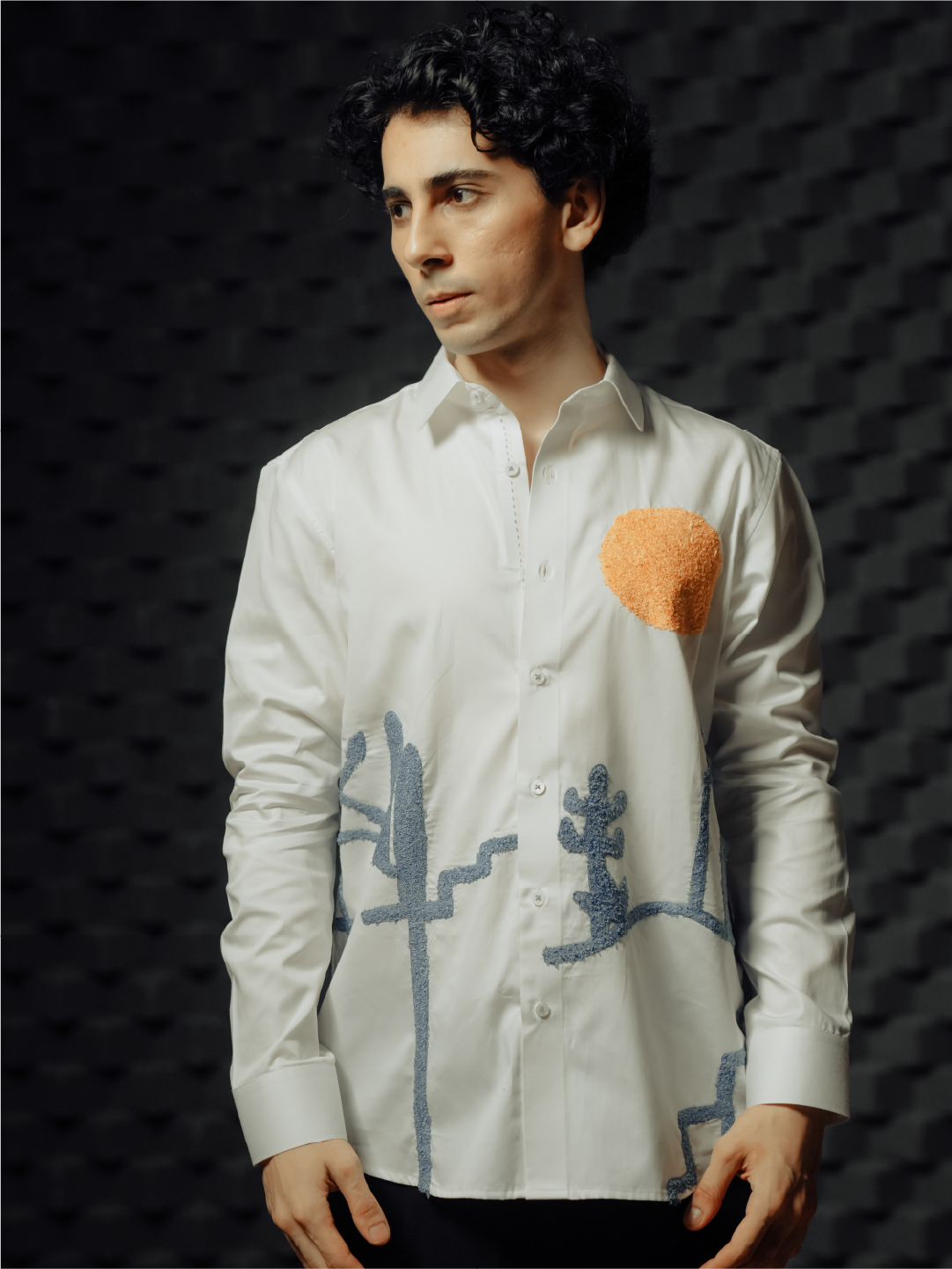 White Desert Landscape Embroidered Slim Fit Cotton Full Sleeve Shirt