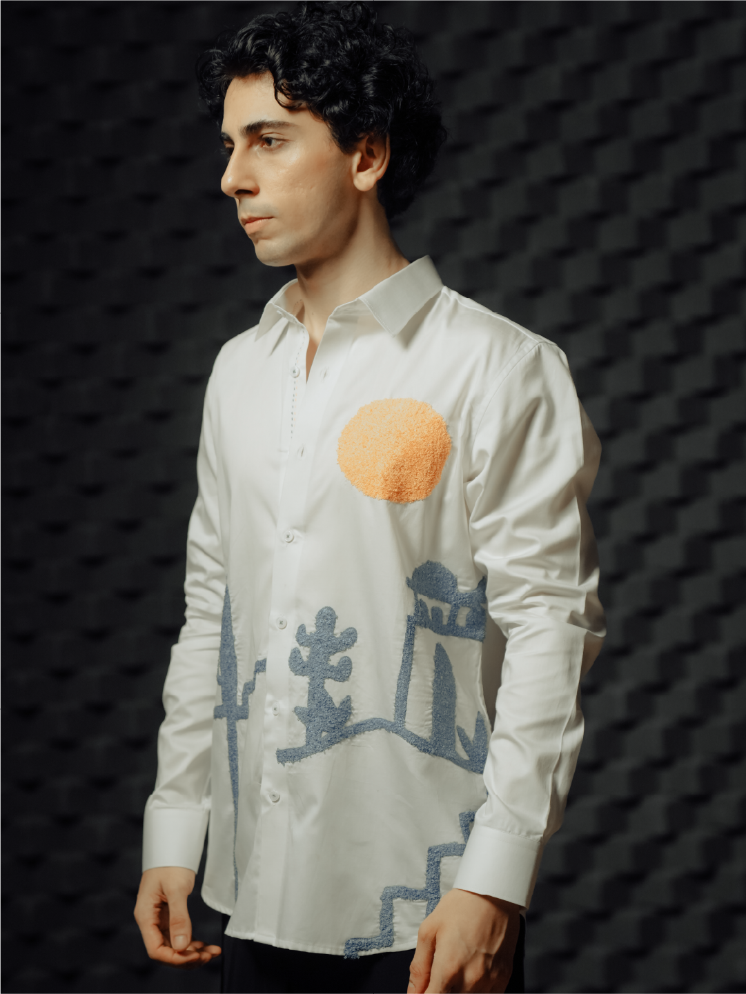 White Desert Landscape Embroidered Slim Fit Cotton Full Sleeve Shirt