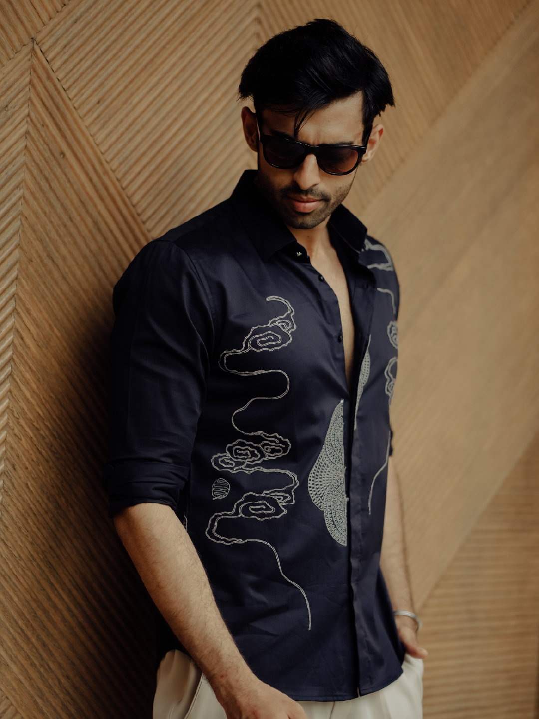 Navy Blue Embroidered Cotton Slim Fit Full Sleeve Shirt