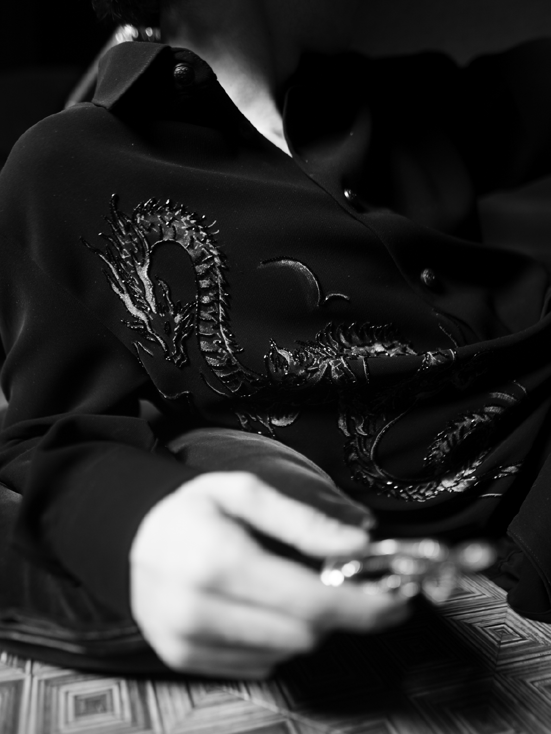 Black Dragon Hand-Print & Highlight Embroidered Slim Fit Bomario Full Sleeve Shirt