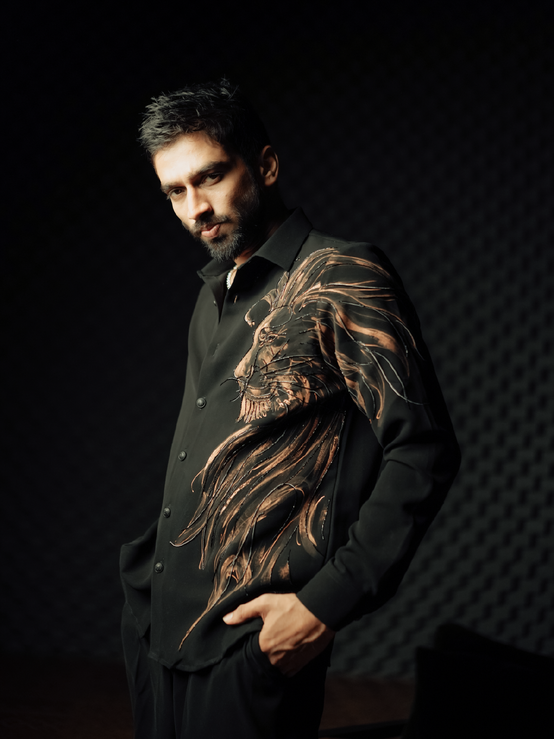 Black Lion Hand-Print & Highlight Embroidered Slim Fit Bomario Full Sleeve Shirt