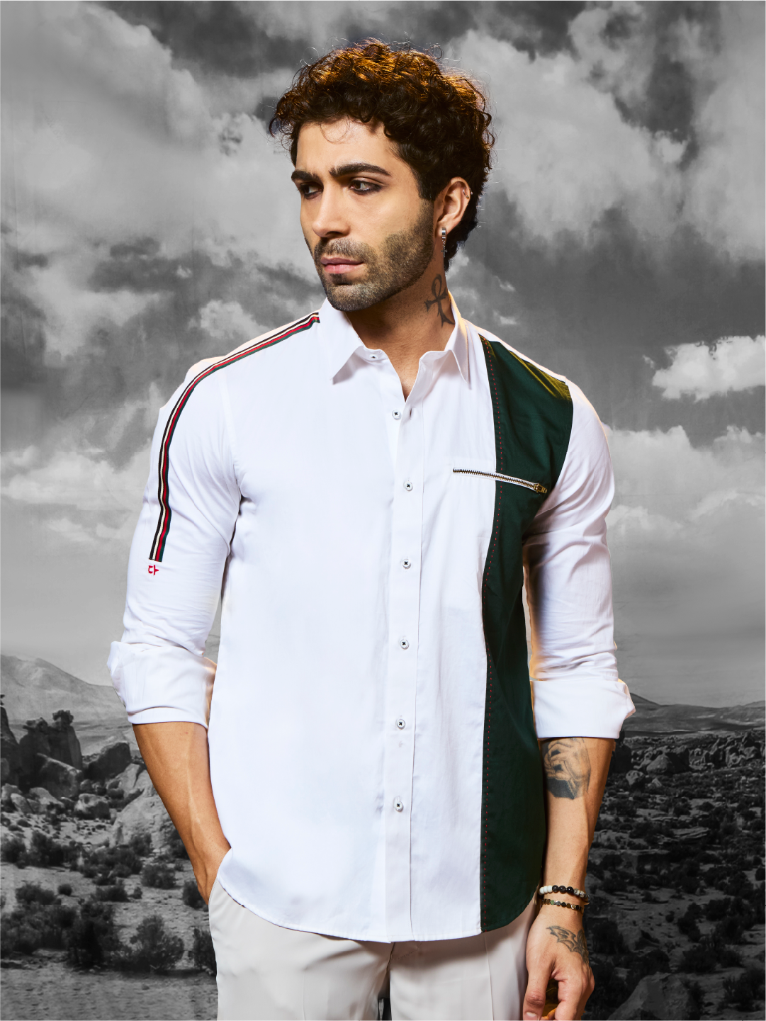 White Cotton Slim Fit Shirt with Green Panel & Striped Piping
