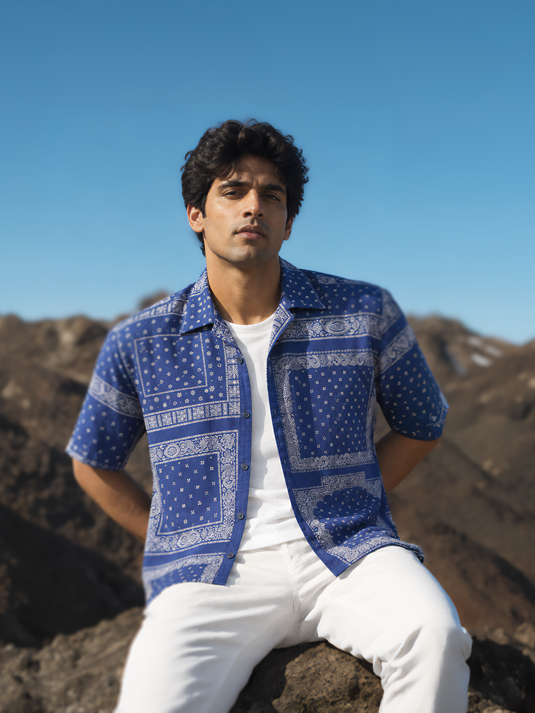 Royal Blue Bandana Printed Tencel Cuban Collar Shirt