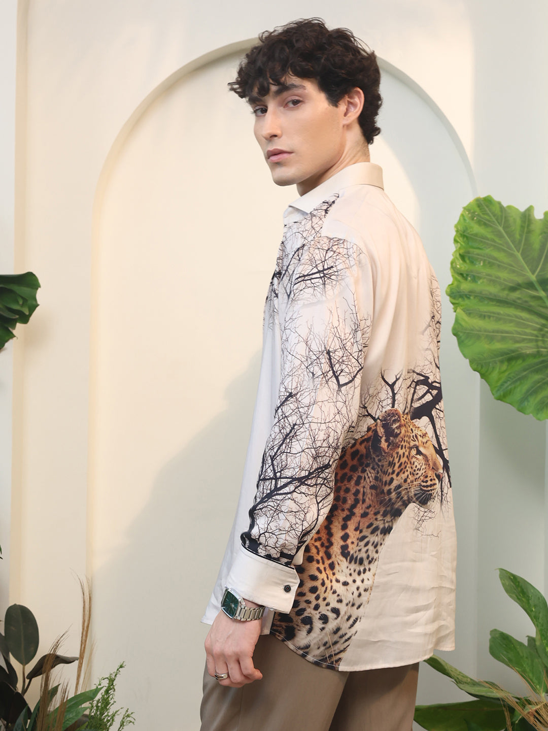 Beige Tiger & Tree Print Full Sleeve Shirt