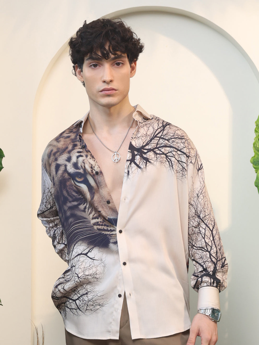 Beige Tiger & Tree Print Full Sleeve Shirt